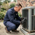 Technicien CVC inspectant le compresseur d'une pompe à chaleur extérieure dans un jardin résidentiel