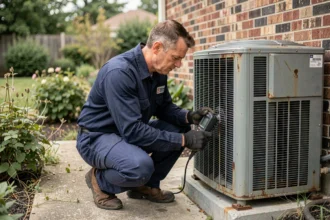 Technicien CVC inspectant le compresseur d'une pompe à chaleur extérieure dans un jardin résidentiel