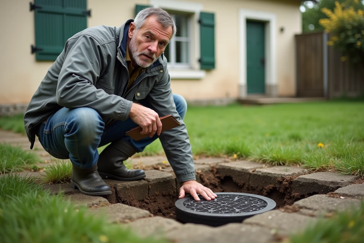 Technicien inspectant une fosse septique ouverte dans un jardin pavillonnaire français, évaluation des risques sanitaires liés à la saturation