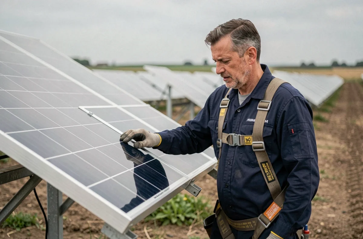 Technicien solaire inspectant un panneau biverre sans cadre sur un parc solaire agricole, gros plan sur les détails du verre trempé et la solidité de la structure