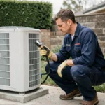 Technicien CVC installant une pompe à chaleur de 16 kW à l'extérieur d'une maison résidentielle