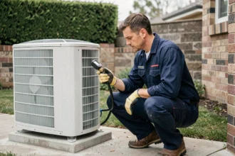 Technicien CVC installant une pompe à chaleur de 16 kW à l'extérieur d'une maison résidentielle