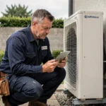 Technicien HVAC installant une pompe à chaleur Chaffoteaux sur la façade extérieure d'une maison résidentielle