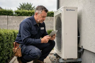 Technicien HVAC installant une pompe à chaleur Chaffoteaux sur la façade extérieure d'une maison résidentielle