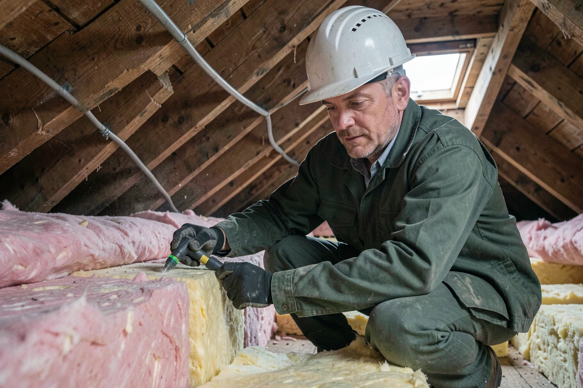 Technicien inspectant l'isolation thermique d'un grenier lors d'une évaluation énergétique avant travaux de rénovation