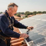 Technicien inspectant des panneaux solaires thermiques sur un toit de maison individuelle