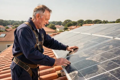 Technicien inspectant des panneaux solaires thermiques sur un toit de maison individuelle
