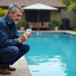 Technicien piscine en tenue navy testant l'eau de la piscine
