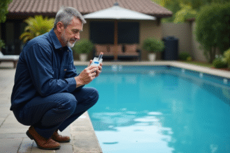 Technicien piscine en tenue navy testant l'eau de la piscine