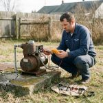 Technicien en plomberie diagnostiquant une pompe de puits en panne à l'extérieur avec un multimètre