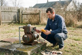 Technicien en plomberie diagnostiquant une pompe de puits en panne à l'extérieur avec un multimètre
