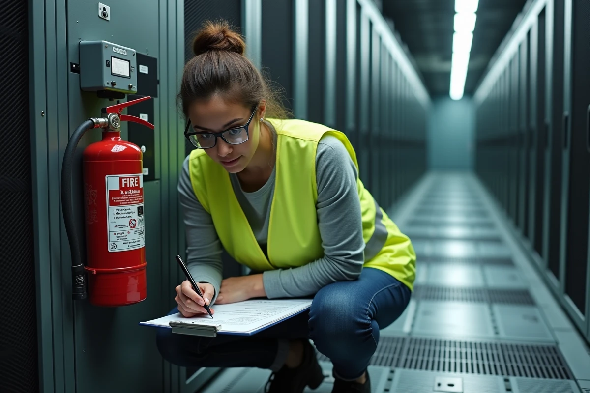 Technicienne inspectant un extincteur CO2 près d'un tableau électrique dans une salle de serveurs industrielle