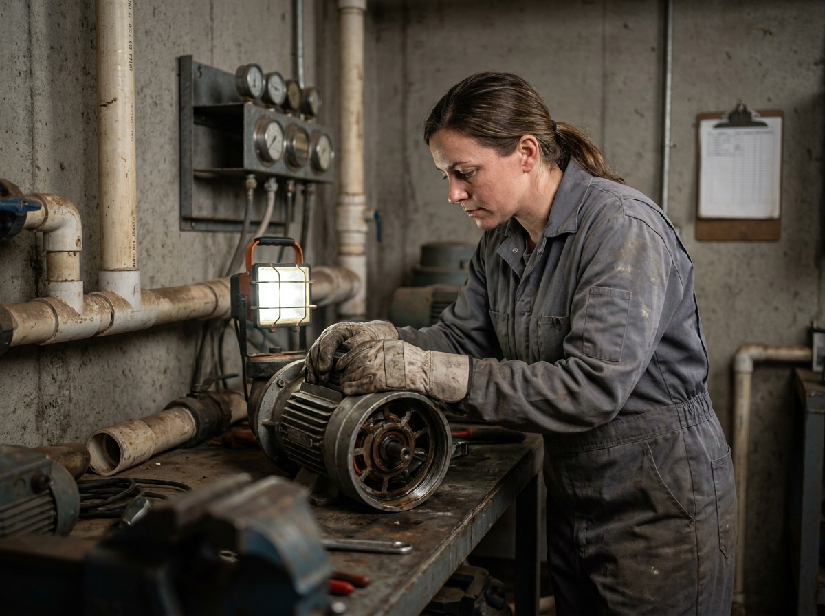 Technicienne inspectant une pompe submersible sortie d'un puits dans une salle technique agricole