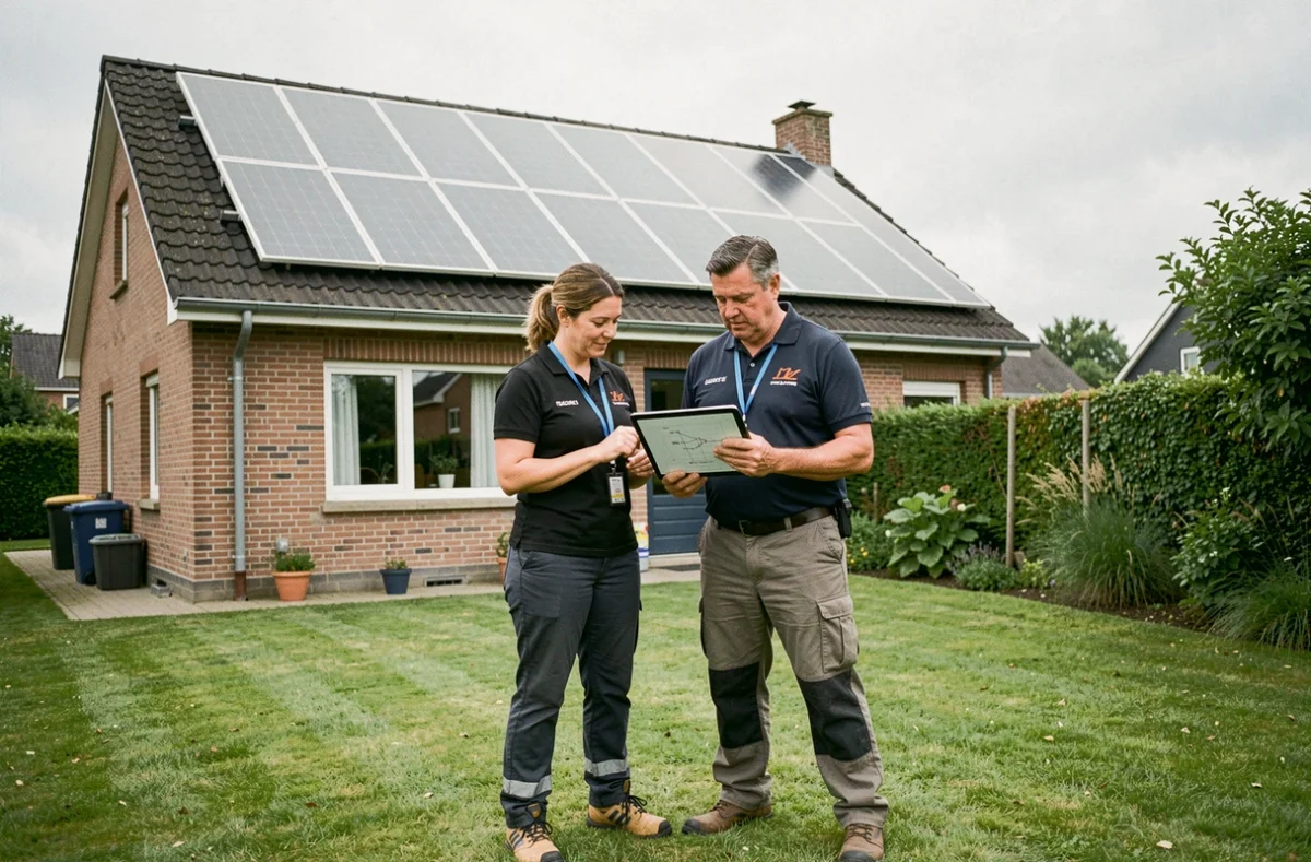Deux techniciens en énergie solaire consultant un plan d'installation devant une maison équipée de panneaux photovoltaïques dans le Nord