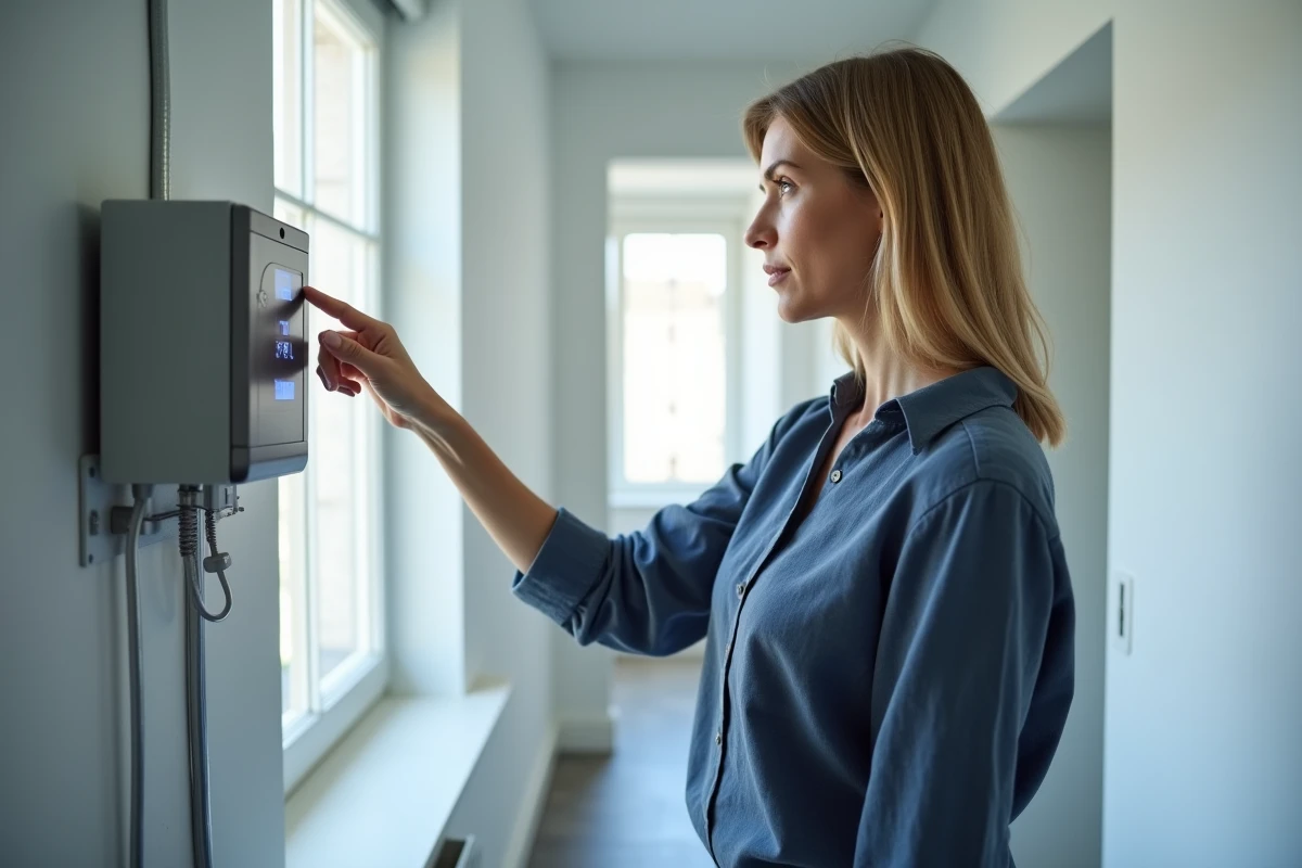Femme utilisant une télécommande Somfy Situo pour programmer un moteur de volet roulant dans un couloir