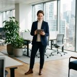 Femme professionnelle en tenue élégante et fonctionnelle dans un open space moderne, illustrant l'adéquation entre style vestimentaire et besoins au travail