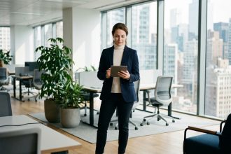 Femme professionnelle en tenue élégante et fonctionnelle dans un open space moderne, illustrant l'adéquation entre style vestimentaire et besoins au travail