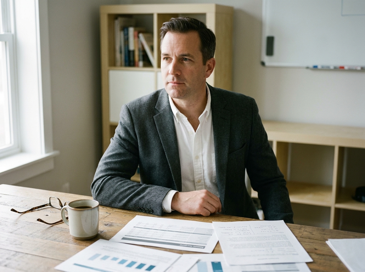 Homme en costume fonctionnel sans cravate dans un bureau à domicile minimaliste, symbolisant une tenue professionnelle adaptée aux nouveaux usages du travail