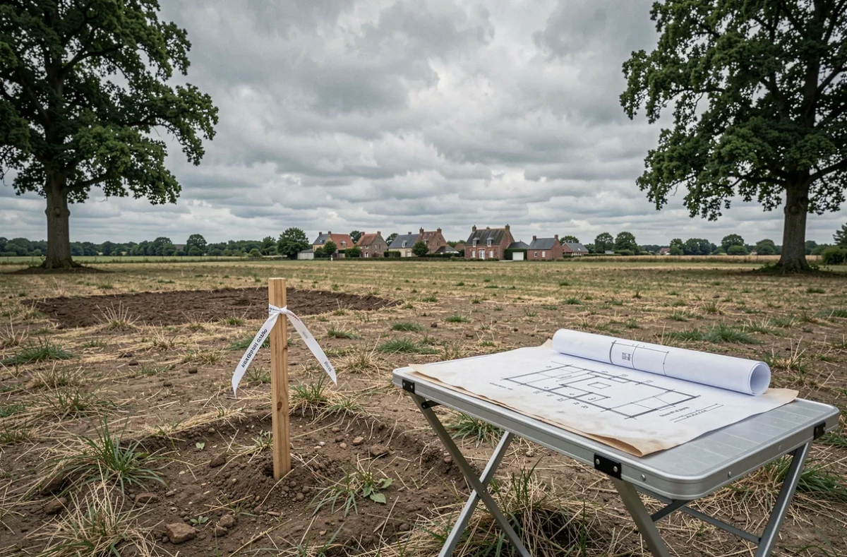Terrain à bâtir en Picardie avec un plan architectural déroulé sur une table de chantier et des jalons de bornage