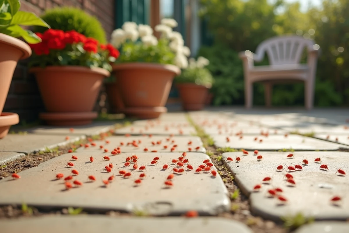 Terrasse en béton envahie de minuscules acariens rouges par temps chaud, avec des plantes en pot et un jardin résidentiel en arrière-plan