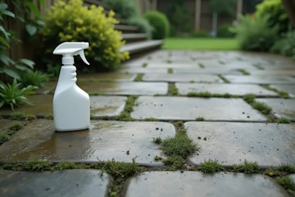 Terrasse en pierre très encrassée avec algues et salissures noires avant nettoyage avec produit Jnet Gros Travaux