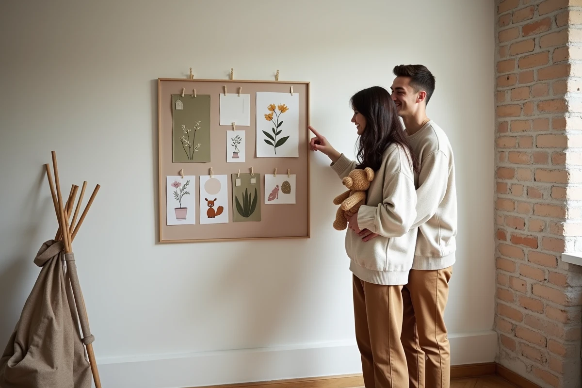 Couple de futurs parents devant un mur d'inspiration pour décoration chambre bébé avec des planches d'ambiance thème nature et animaux de la forêt