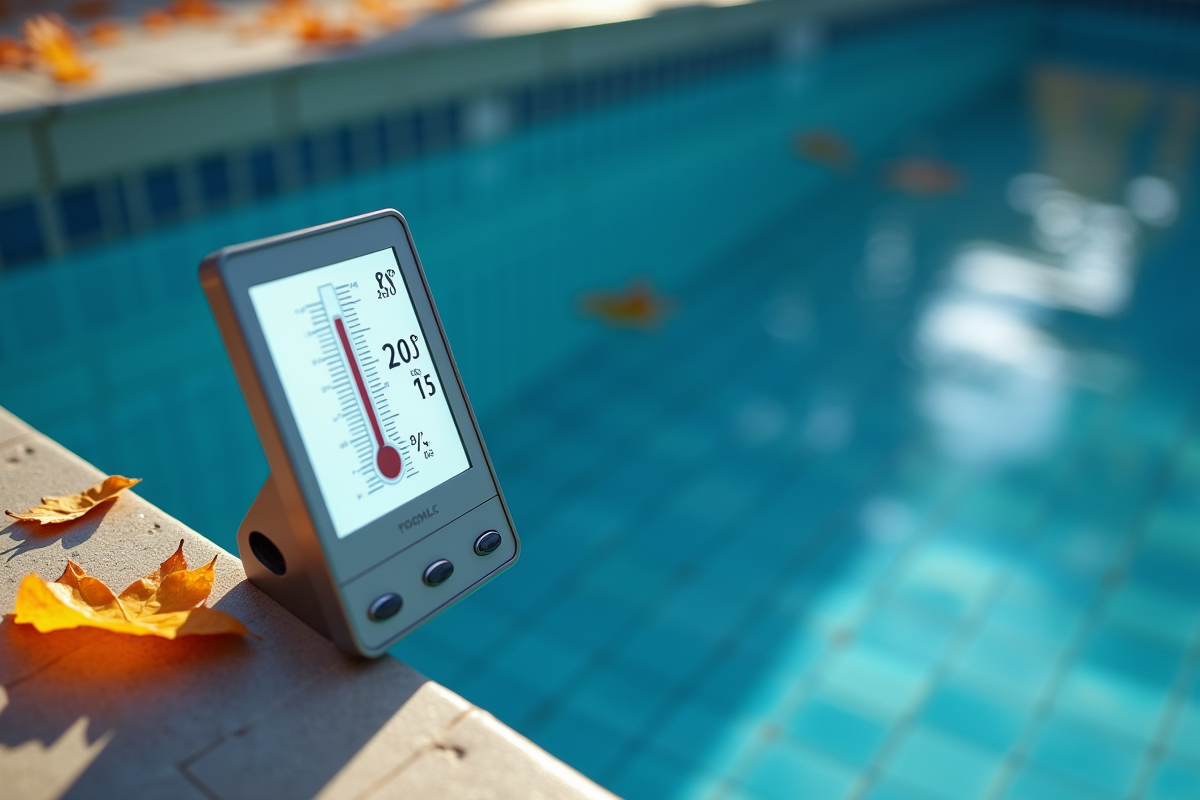 Détail d un thermomètre piscine avec feuilles d automne