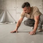 Artisan vérifiant le séchage d'un ragréage fibré à la main avant pose de revêtement PVC dans un appartement en rénovation