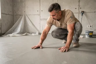 Artisan vérifiant le séchage d'un ragréage fibré à la main avant pose de revêtement PVC dans un appartement en rénovation