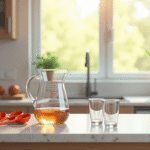 Verre mesure 200 cl sur un plan de cuisine lumineux