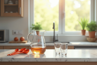 Verre mesure 200 cl sur un plan de cuisine lumineux