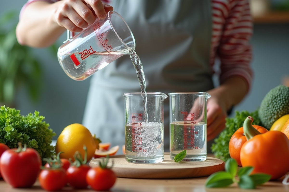 Main versant eau dans des petits béchers en cuisine