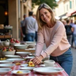 Femme souriante arrangeant vaisselle vintage au vide grenier