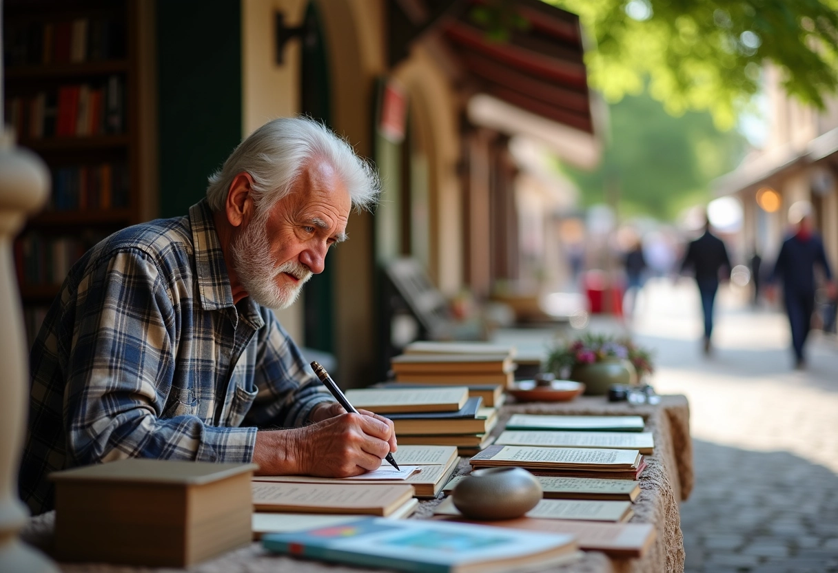 Homme âgé écrivant prix sur étiquettes au marché rural