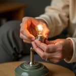 Main de femme vissant une petite ampoule E14 dans une lampe de table décorative dans un salon cosy