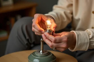 Main de femme vissant une petite ampoule E14 dans une lampe de table décorative dans un salon cosy