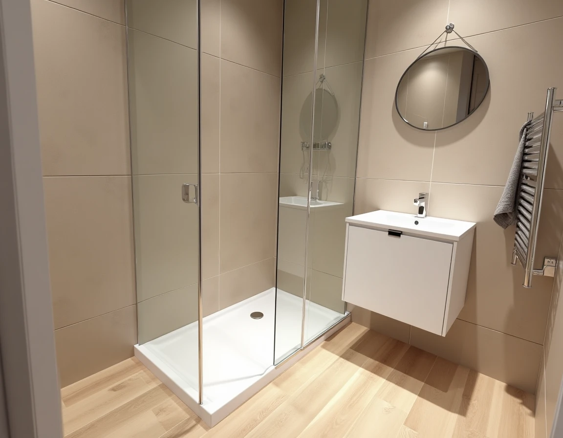 Vue d'ensemble d'une salle de bain 4m2 sans WC avec revêtement vinyle et panneaux muraux PVC faciles à nettoyer